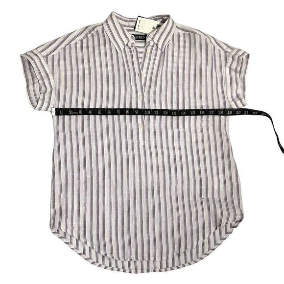 Lauren Ralph Lauren New XSmall White & Lavender Striped Short Sleeve Blouse - Picture 11 of 13